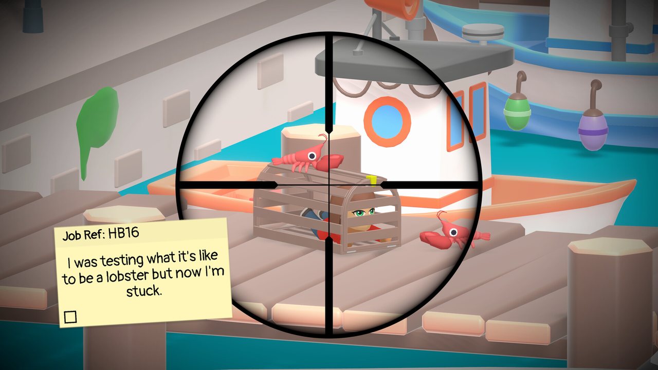 Official Sniper Dan screenshot: the scope resting on a lobster pot at a harbour dock with a job note on screen