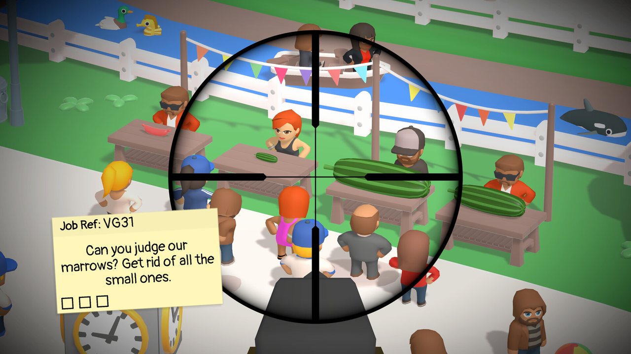Official Sniper Dan screenshot: picnic tables under bunting with oversized vegetables and villagers gathered around